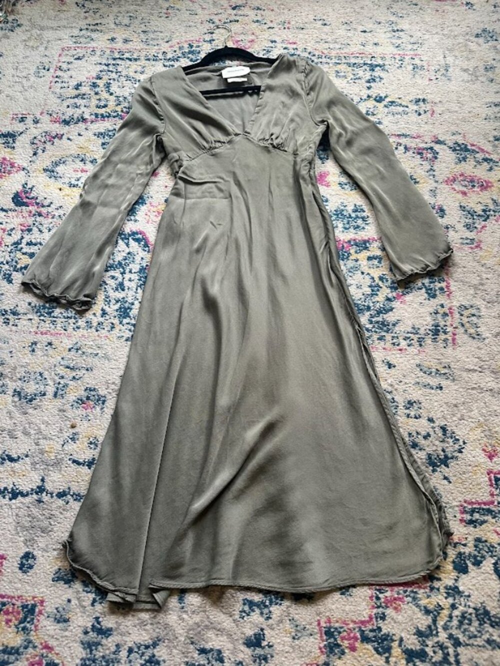 Anthropologie BHLDN Avani VNeck Long Bell Sleeve Satin Olive Green Midi Dress -S